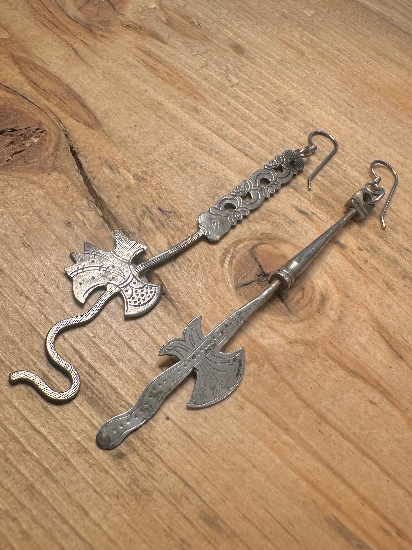 Vintage Unusual Chinese Axe Silver Earrings