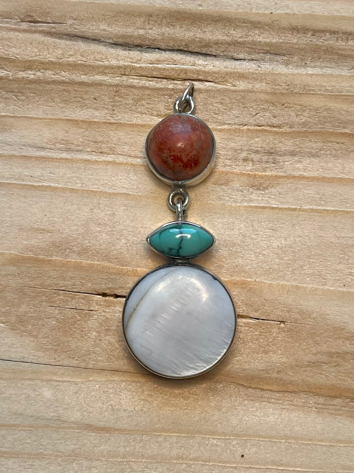 Tiered Mother of Pearl Coral Turquoise 925 Sterling Silver Pendant