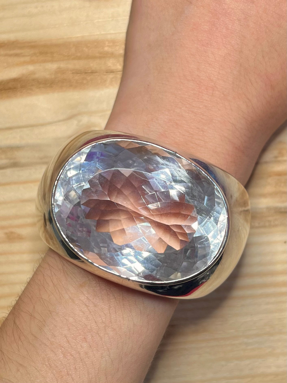 Large Oval Clear Quartz 925 Sterling Silver Bangle Bracelet