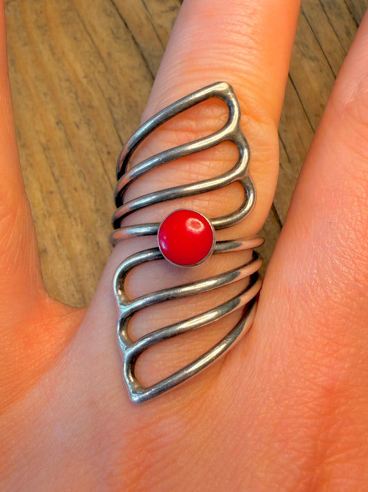 Open Multi Strand Red Circle 925 Sterling Silver Size R Ring