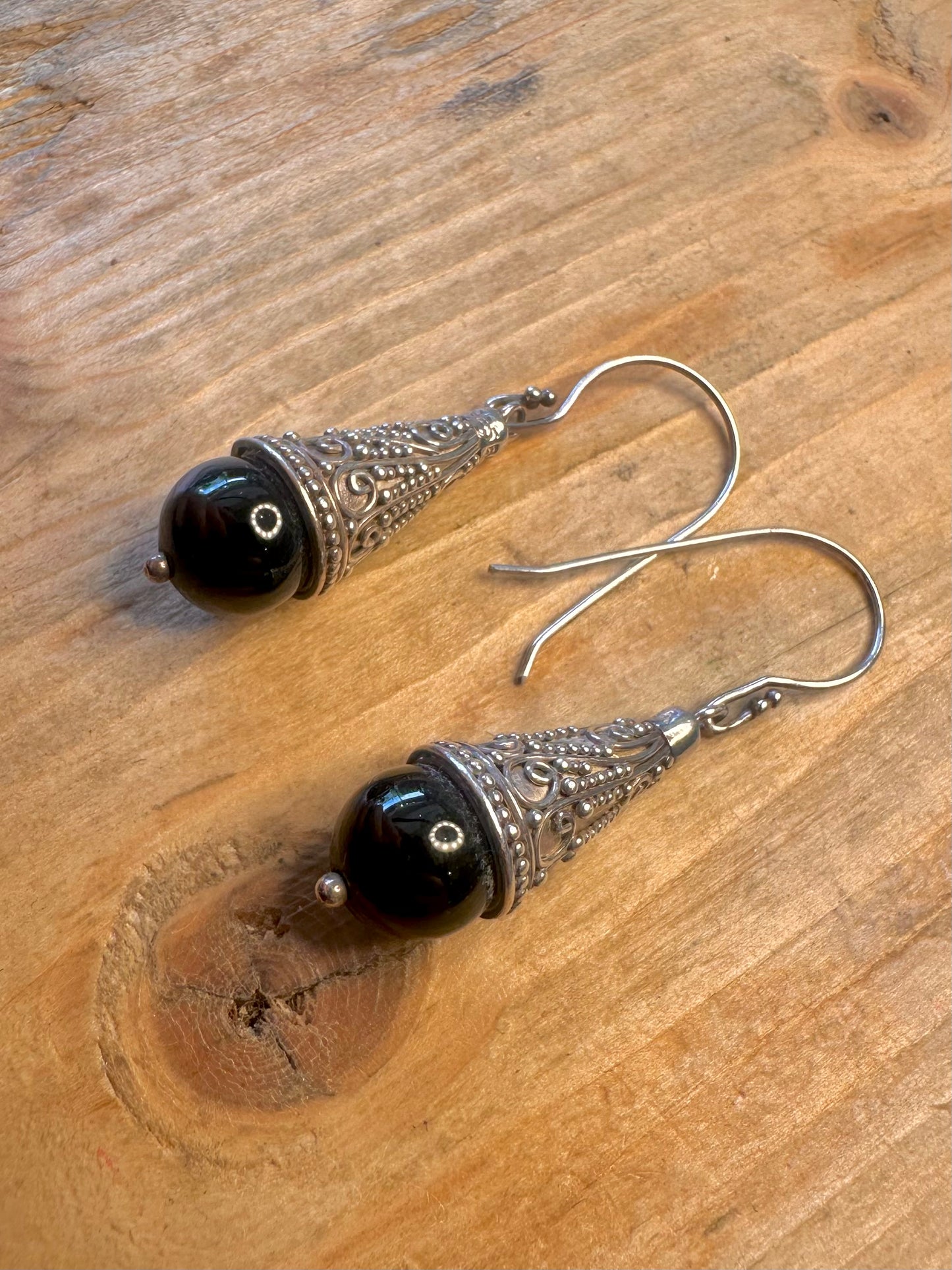 Ornate Intricate Black Stone 925 Sterling Earrings