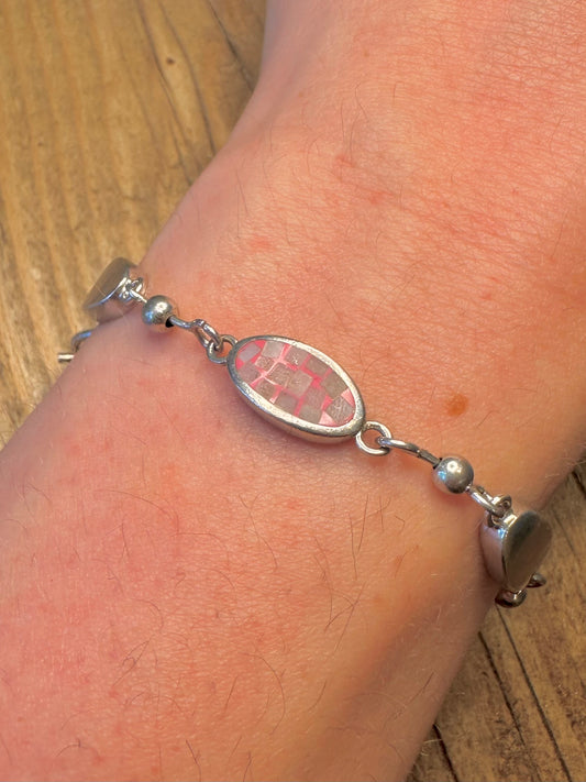 Mother of Pearl Inlay Oval Links 925 Sterling Silver 7.8 inch Bracelet