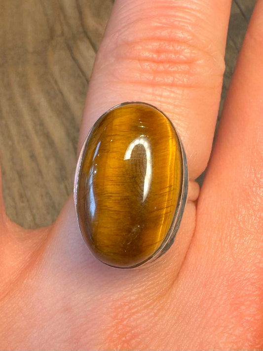 Oval Tigers Eye 925 Sterling Silver Size P Ring