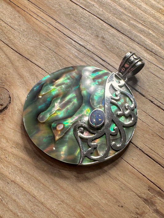 Vintage Abalone Blue Opal Circle 925 Sterling Silver Pendant