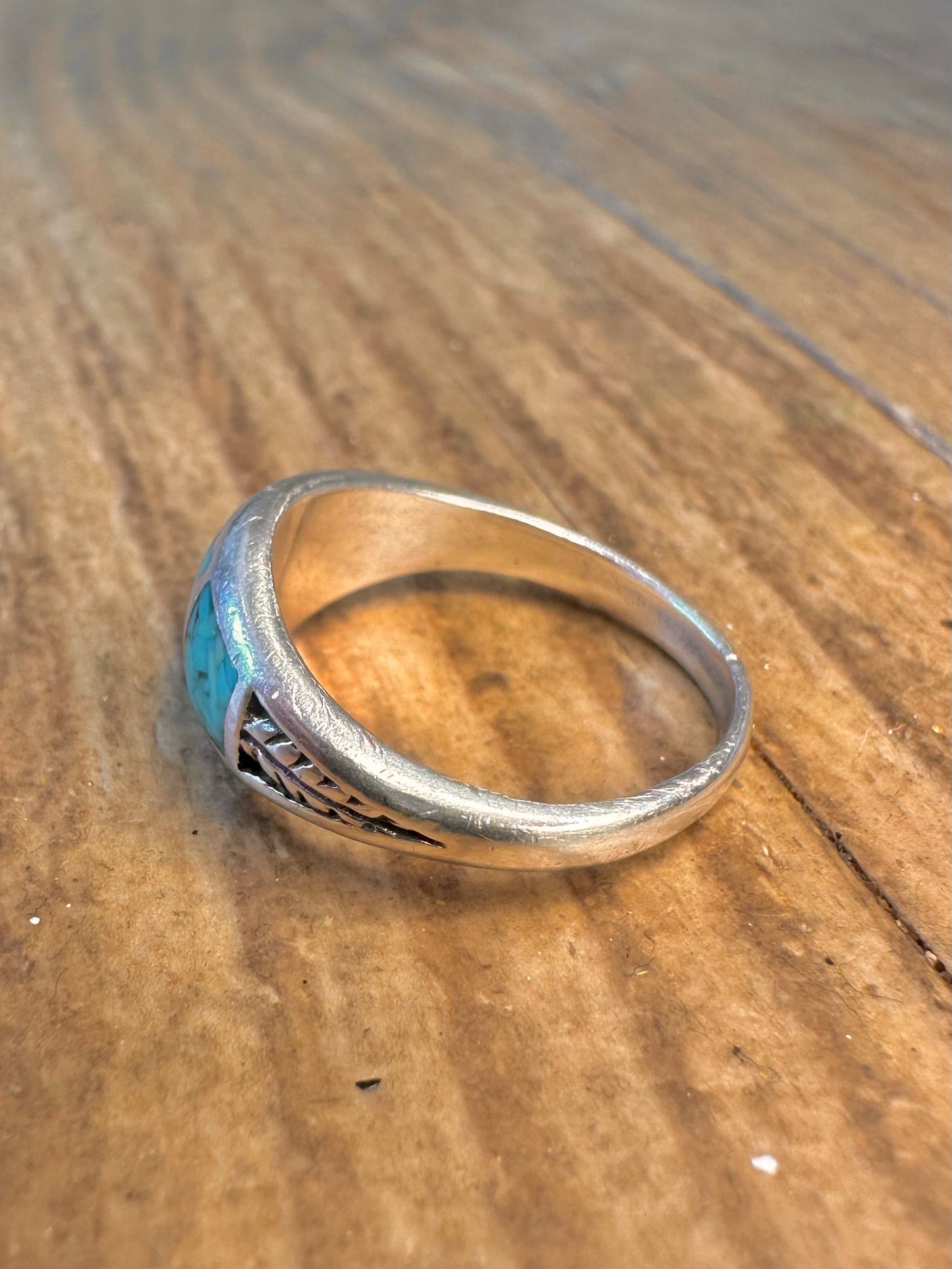 Southwestern Turquoise Inlay Leaf Design 925 Sterling Silver Size L Ring