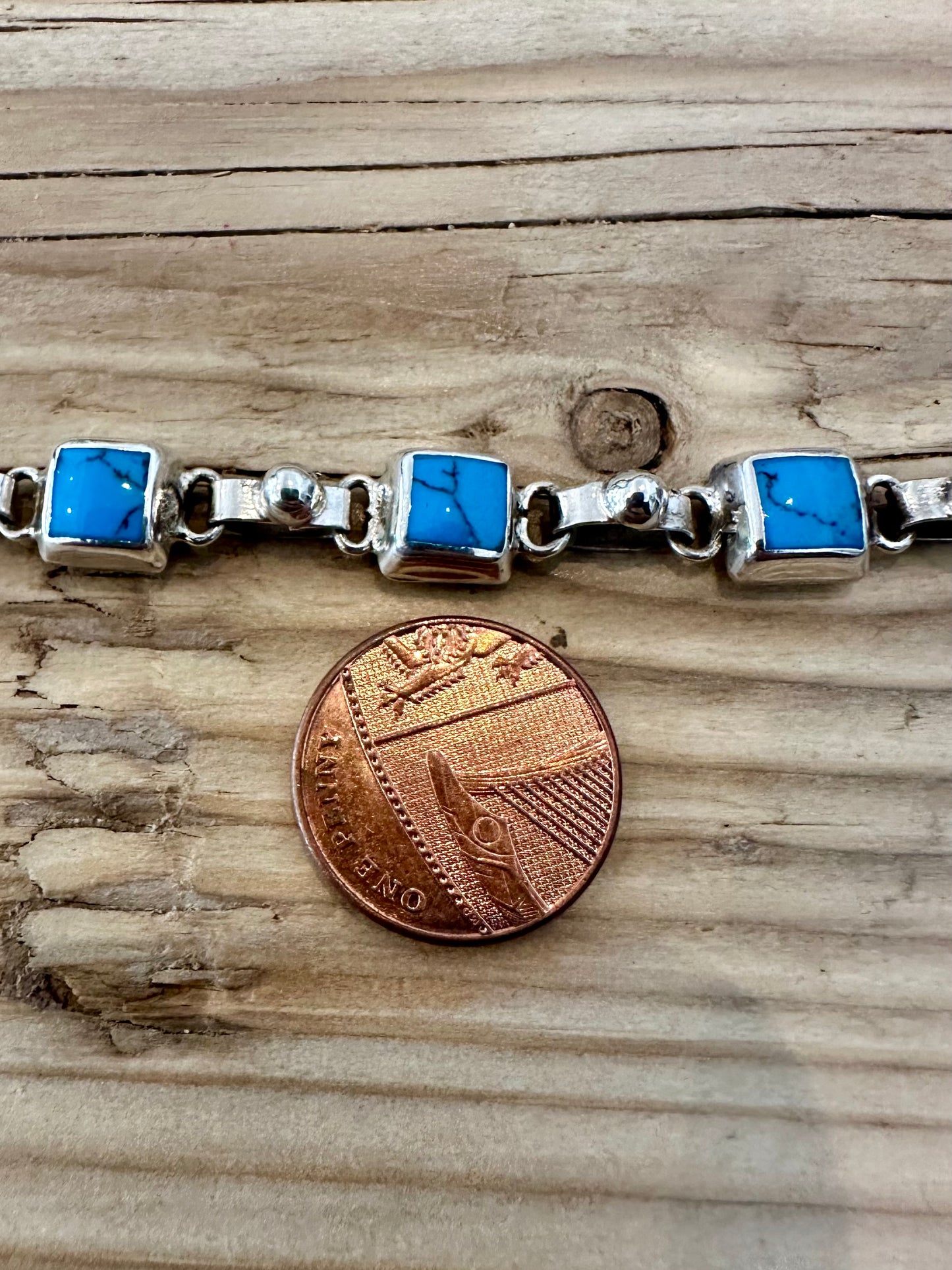 Vintage Square Turquoise Inlay Mexican 925 Silver 7 inch Bracelet