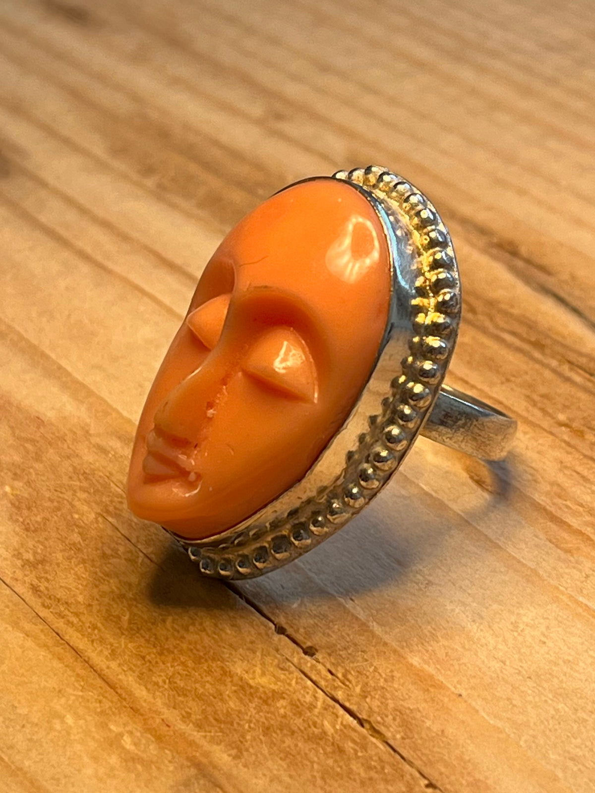 Moon Face Carved Peach Colour  925 Sterling Silver Size R Ring