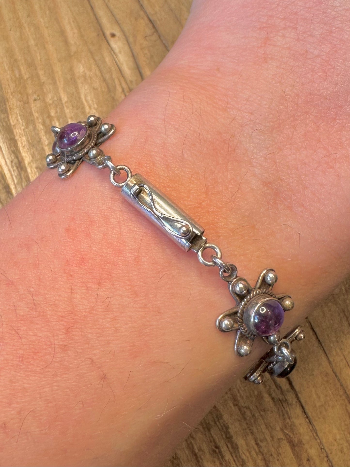 Flower Amethyst Link 925 Sterling Silver 7 inch Bracelet