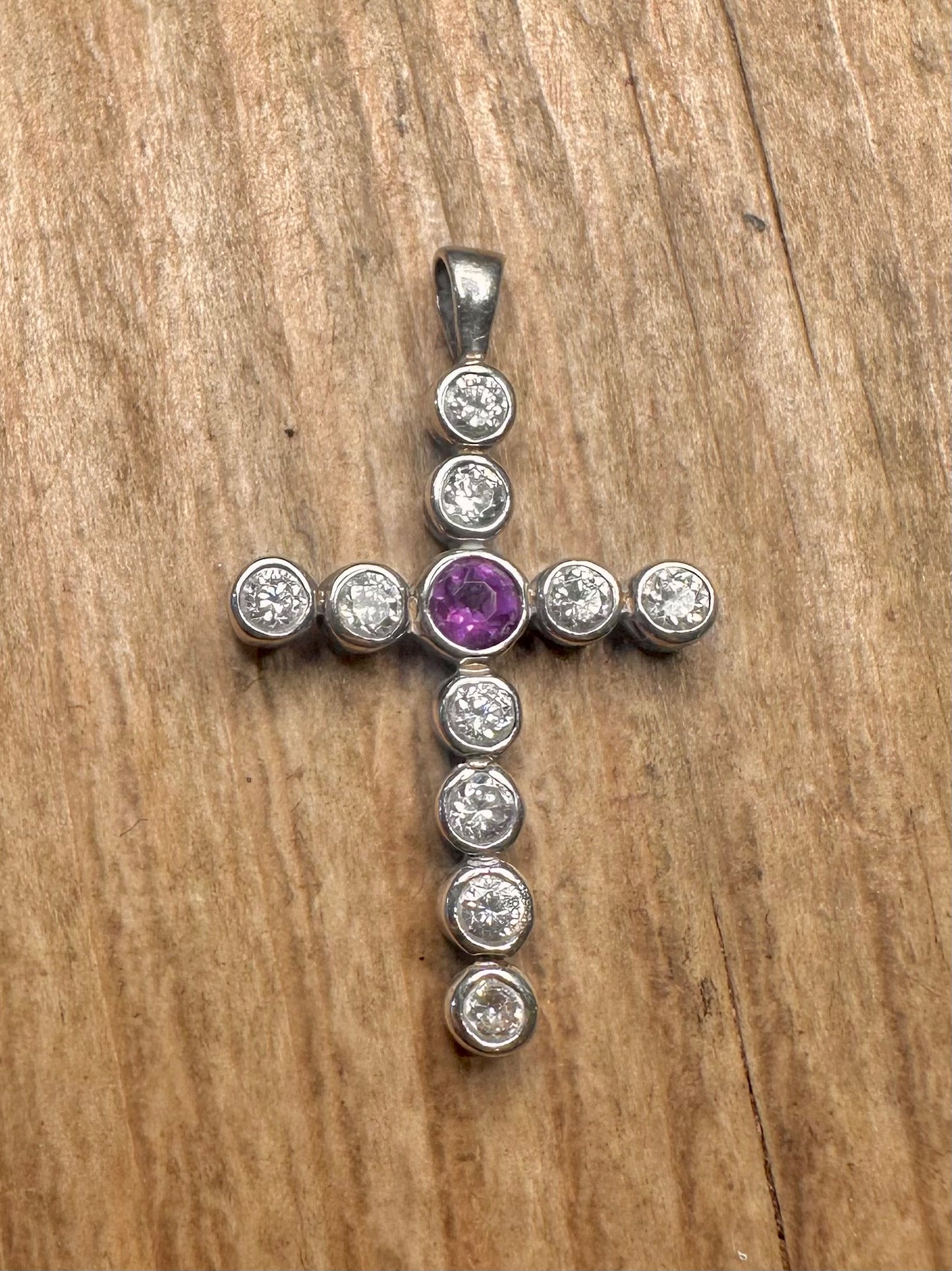 Vintage Amethyst- und Weißstein-Kreuz-Anhänger aus 925er Sterlingsilber