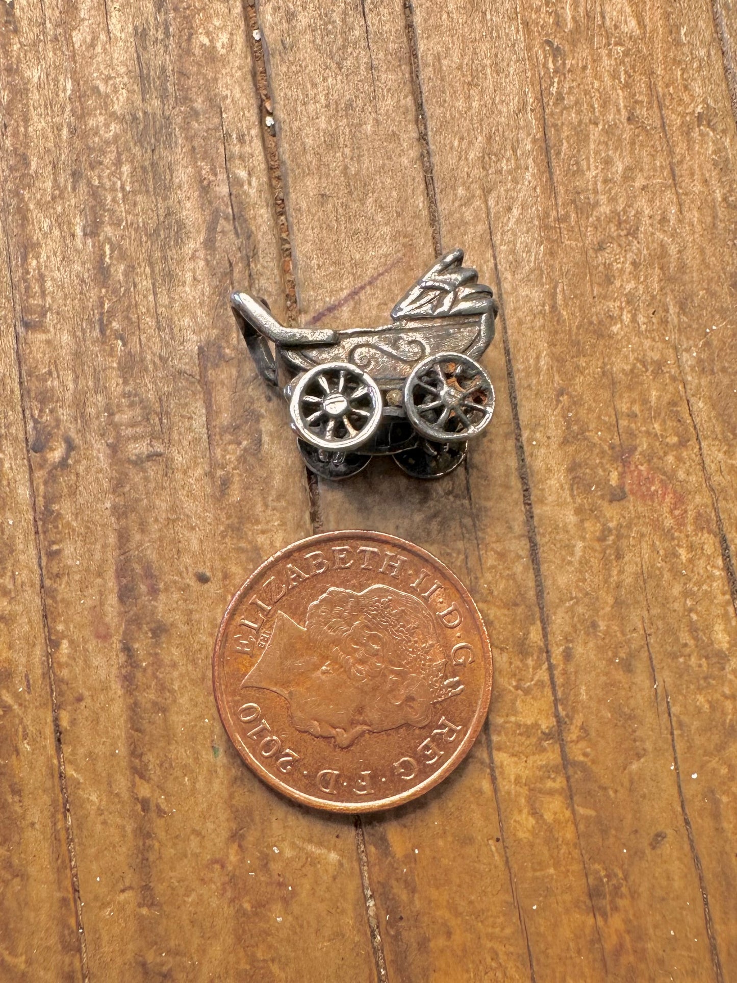 Baby Carriage Pram Moving Wheels 925 Sterling Silver Charm Pendant