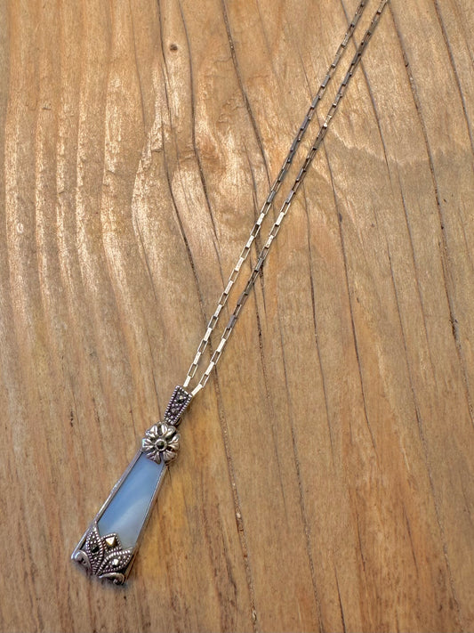 Vintage Mother of Pearl Blue Marcasite Rectangle Link Chain 925 Sterling Silver 16 inch Necklace Pendant