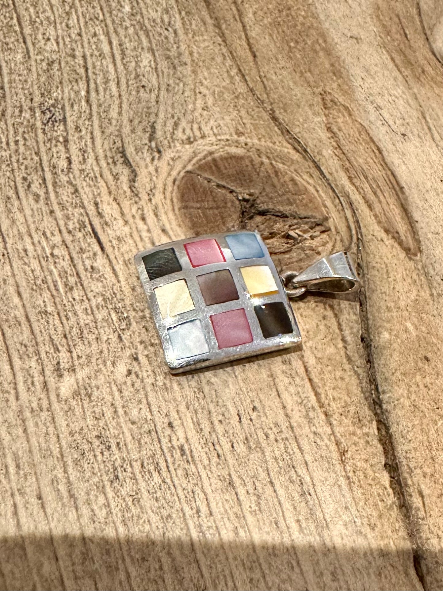 Vintage Square Multi Coloured Mother of Pearl 925 Silver Pendant