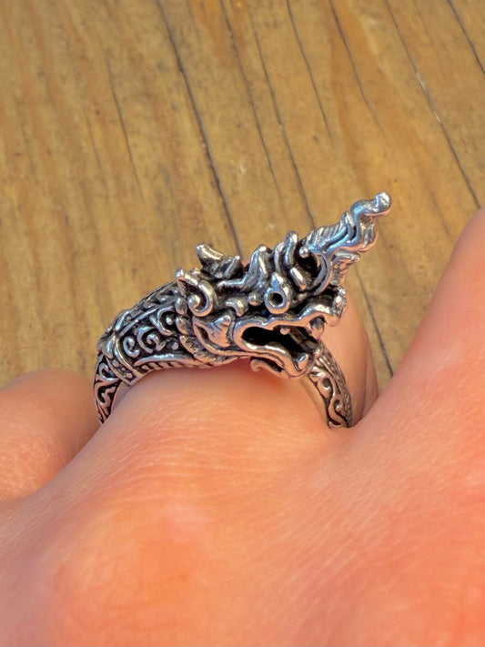 Intricate Dragon Coiled 925 Sterling Silver Size N Ring