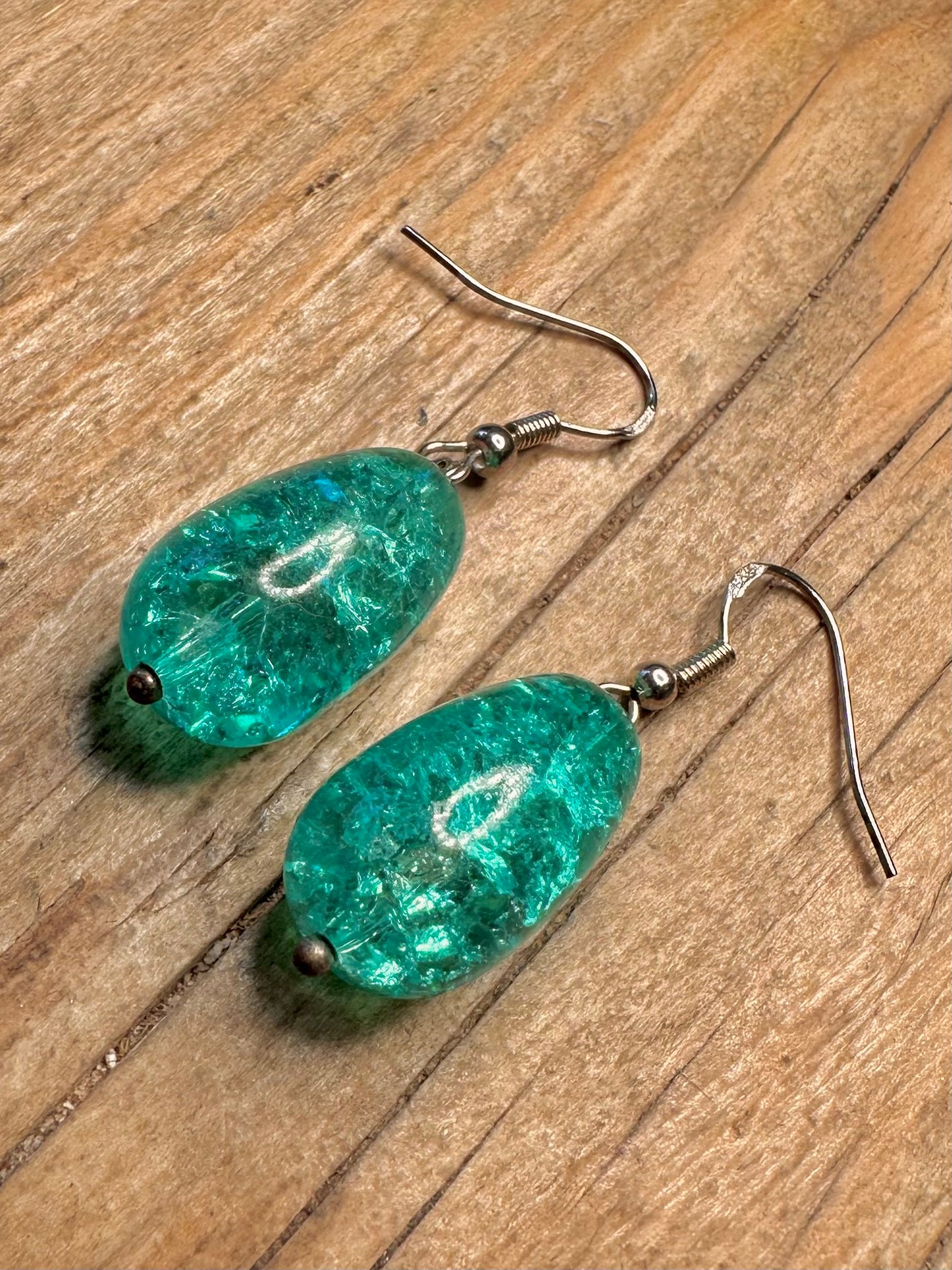 Abstract Teal Crackled Glass Dangle 925 Sterling Silver Earrings