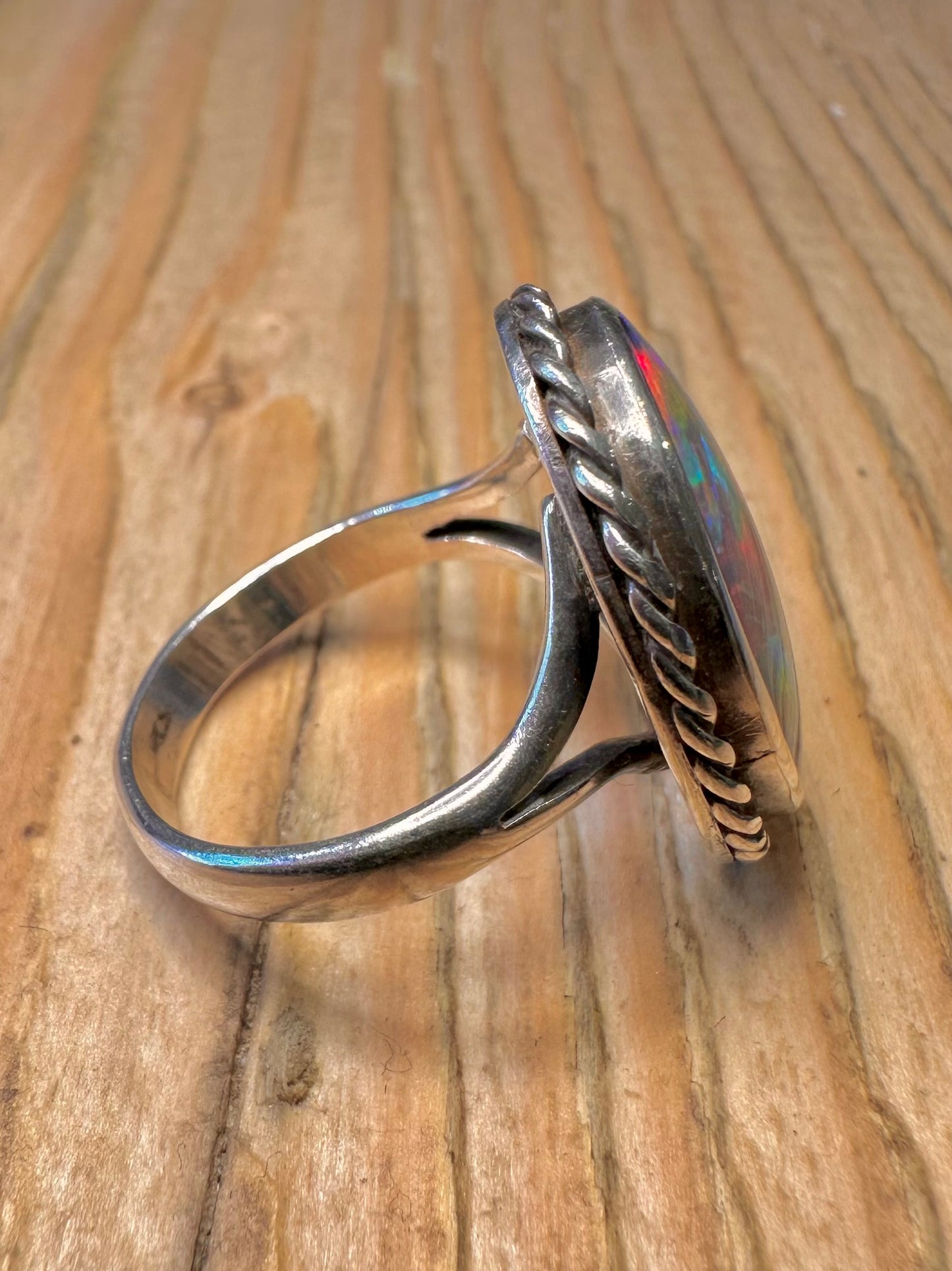 Vintage Large Blue Simulated Opal 925 Sterling Silver Size Q Ring
