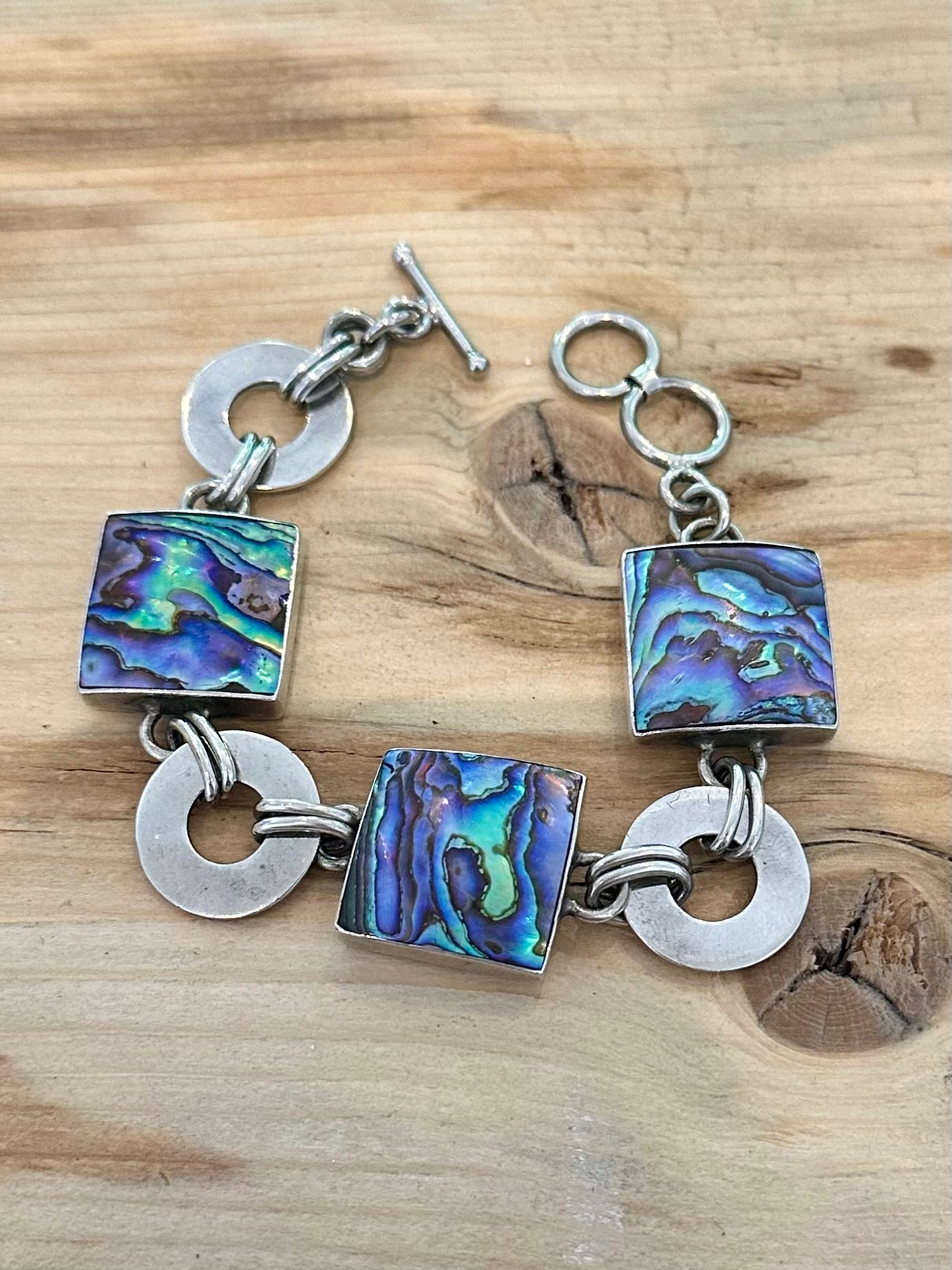 Abstract Abalone Square and Circle T Bar Clasp 925 Silver Bracelet