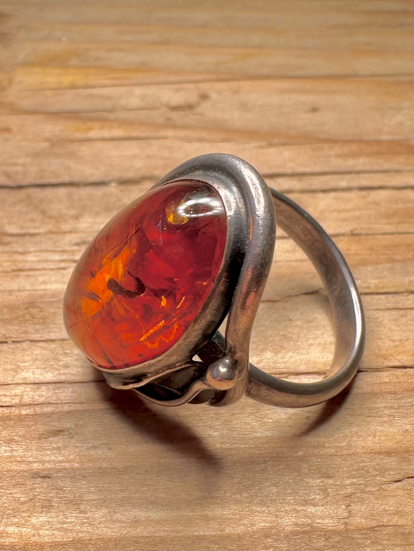 Vintage Oval Amber 925 Sterling Silver Size N Ring