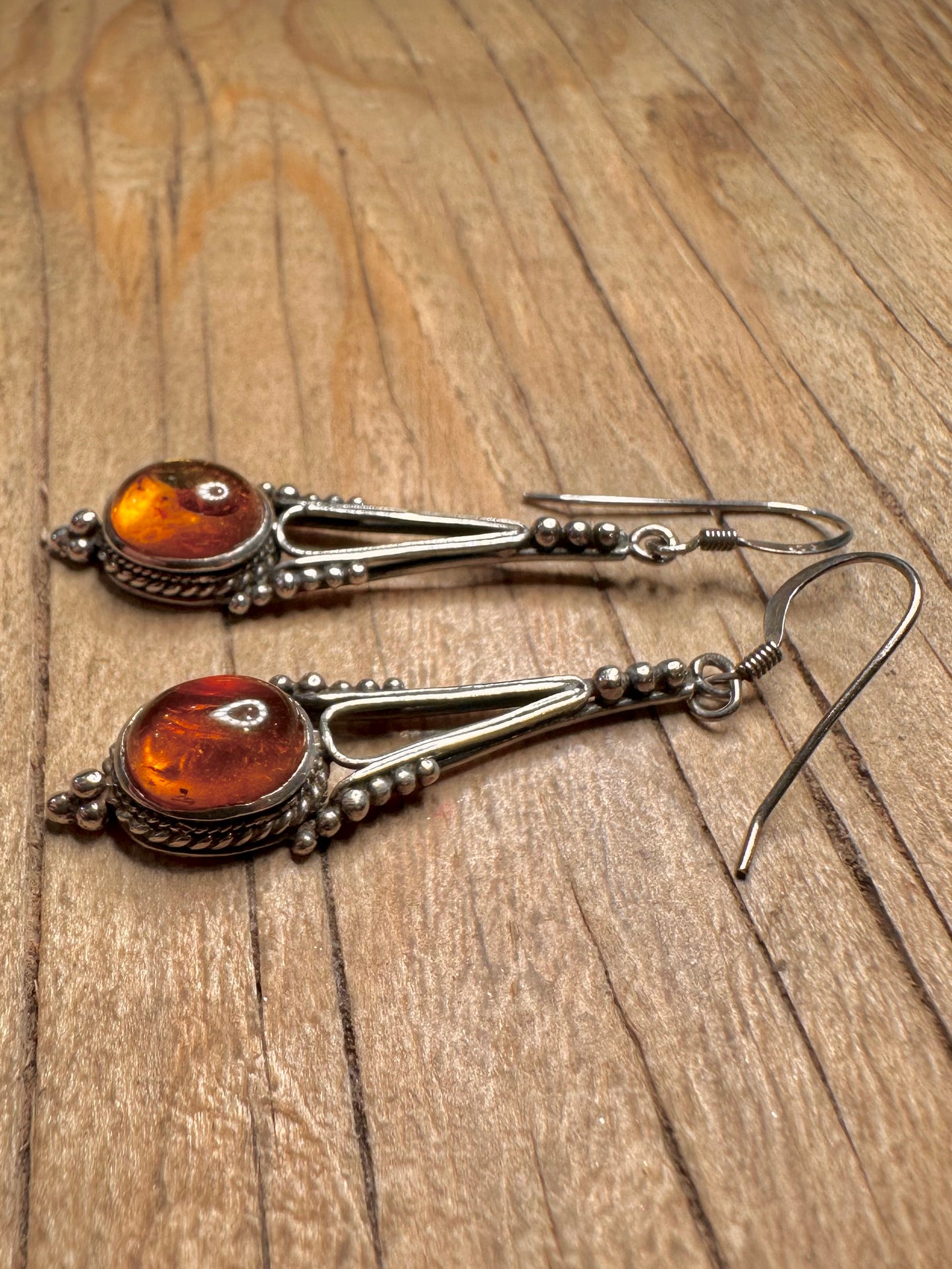 Vintage Amber Ornate Dangle 925 Sterling Silver Earrings