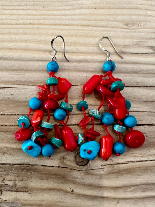 Vintage Turquoise and Coral Dangle 925 Silver Earrings