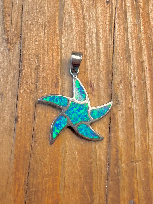 Blue Opal Simulated Star Fish 925 Sterling Silver Pendant