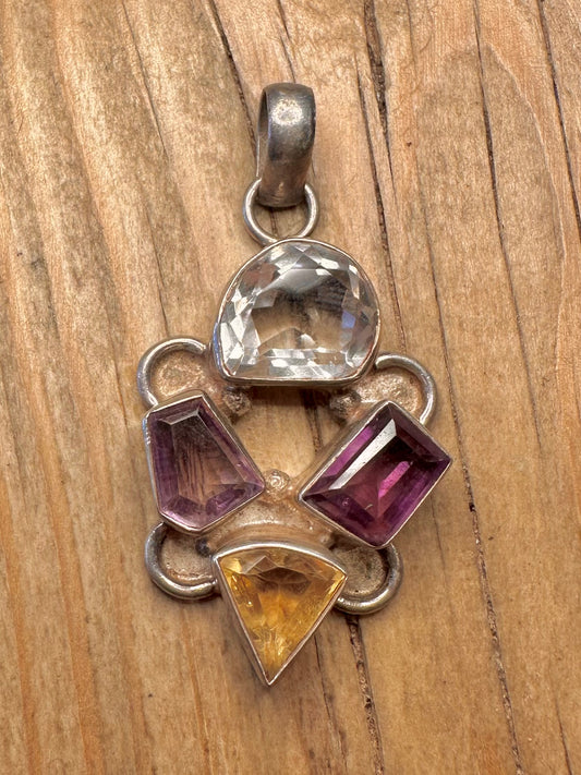 Vintage Multi Gemstone Citrine Amethyst Quarts 925 Sterling Silver Pendant