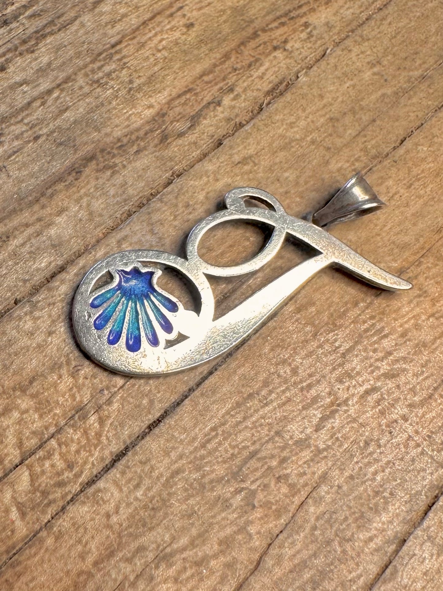 Vintage Blue Enamel Painted 926 Sterling Silver Pendant