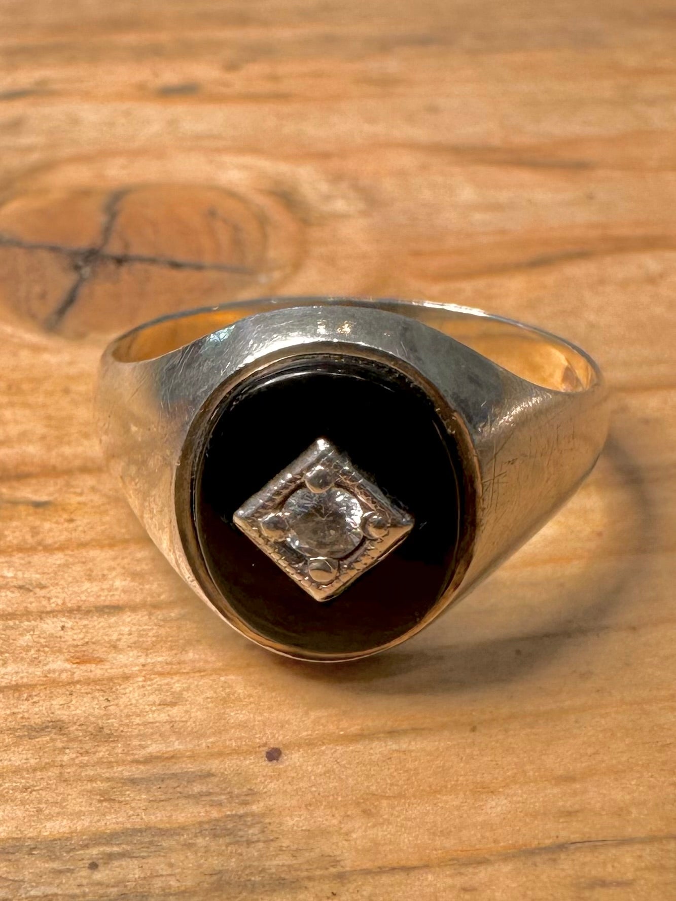 Vintage 1987 Onyx and CZ Signet 925 Silver Size S Ring