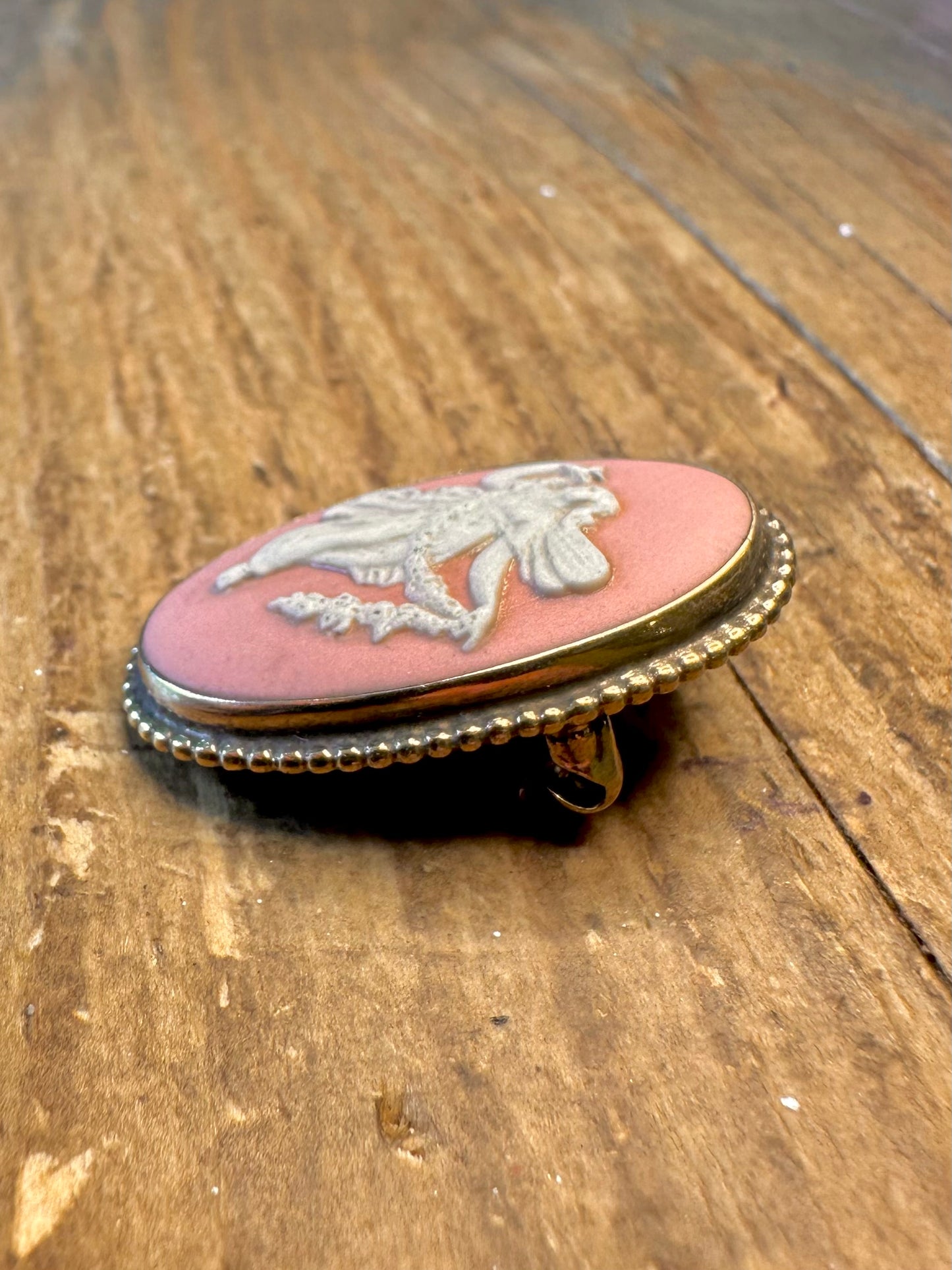 Wedgwood Pink Cameo Made in England Gold on Silver Brooch