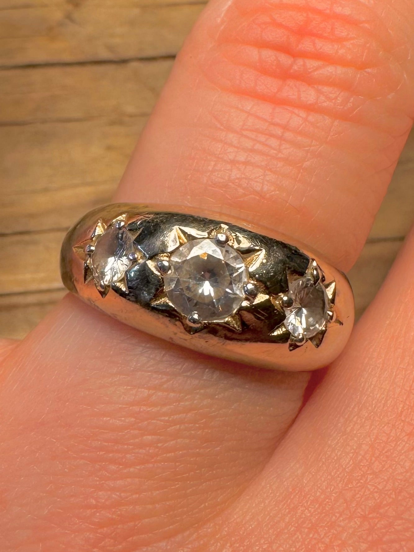 Vintage Gypsy Three White CZ Gold on 925 Sterling Silver Size R Ring