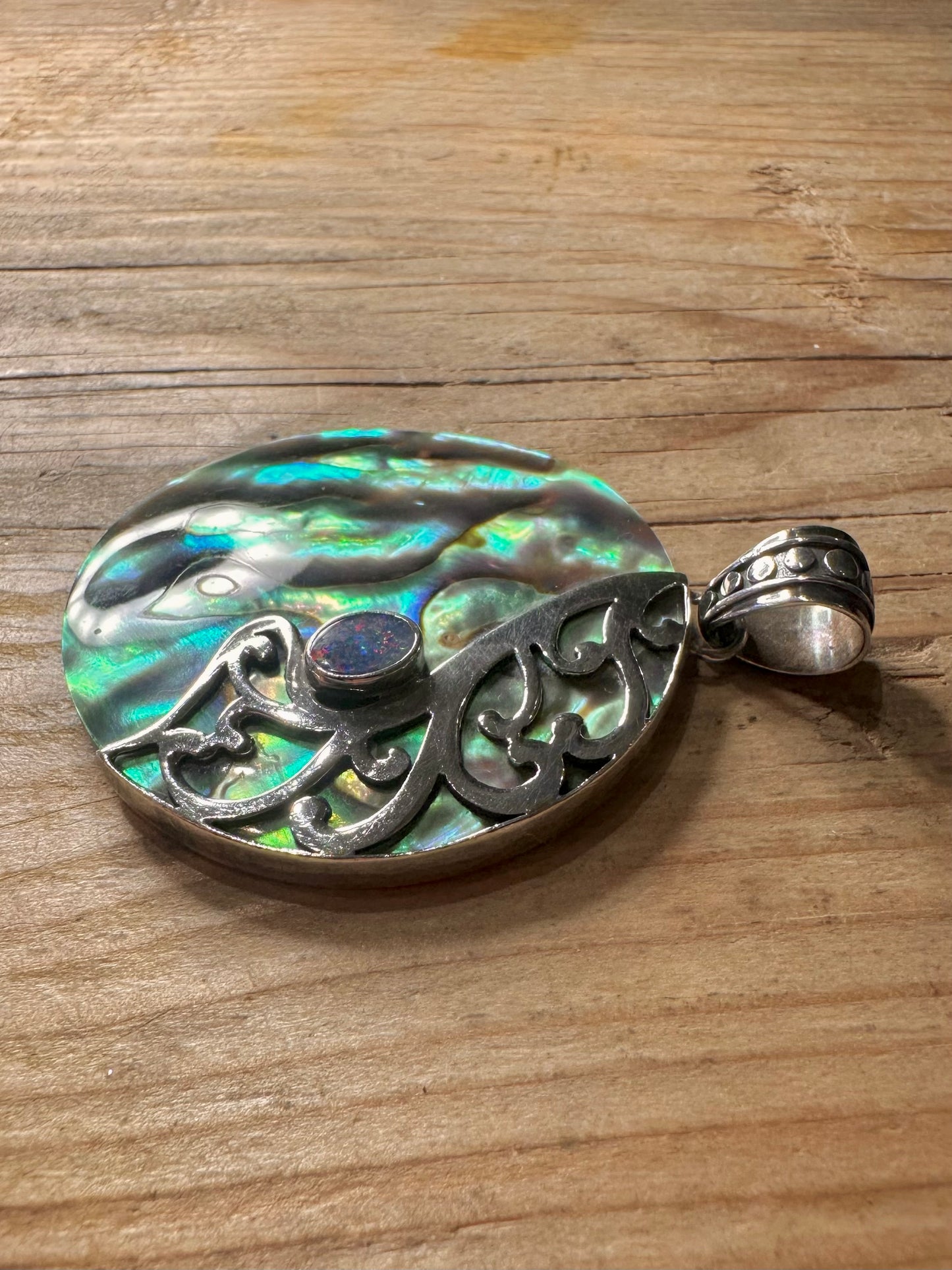 Vintage Abalone Blue Opal Circle 925 Sterling Silver Pendant