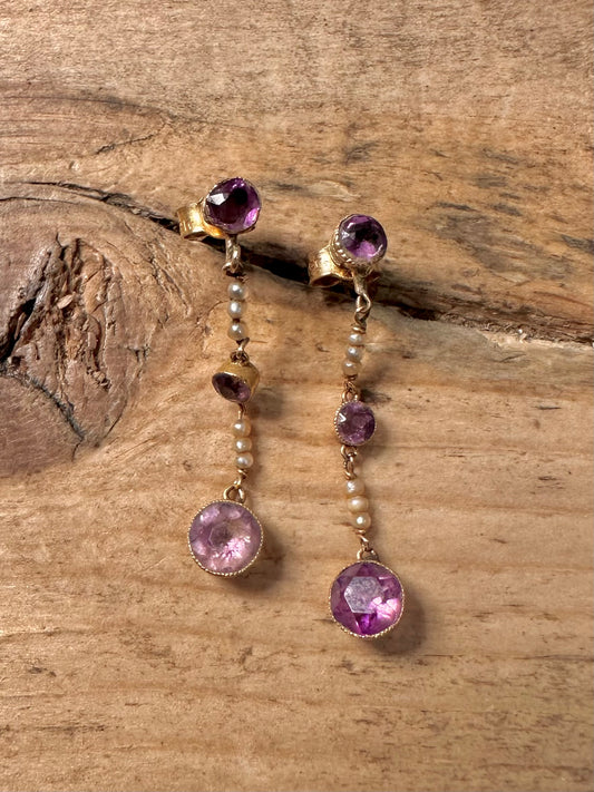 Vintage 9ct Gold Amethyst and Pearl Earrings