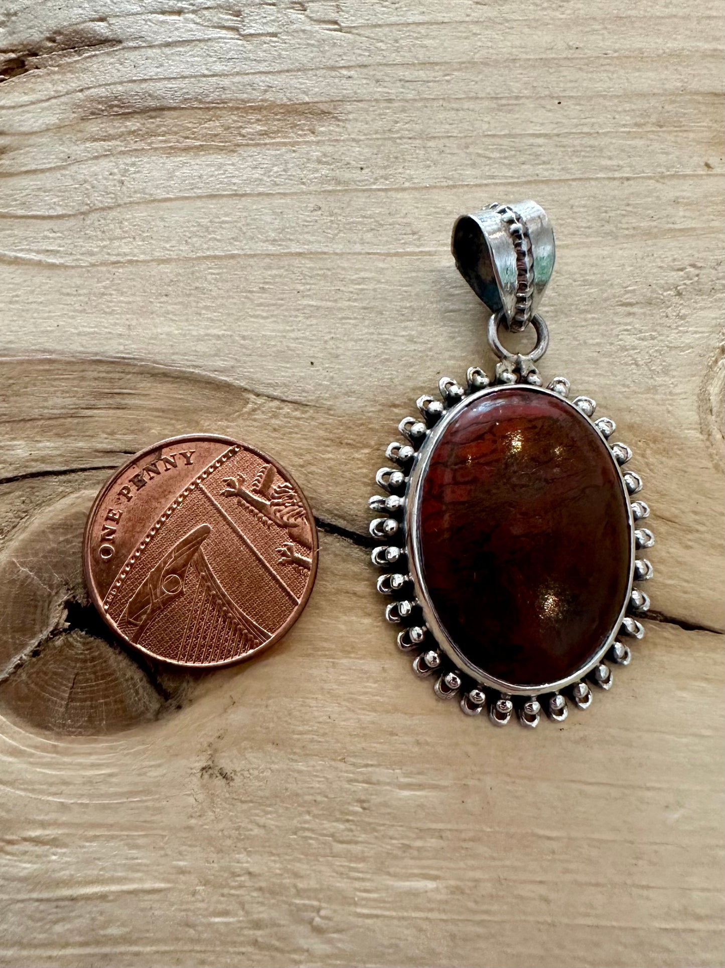 Vintage Red and Black Oval Stone 925 Silver Pendant