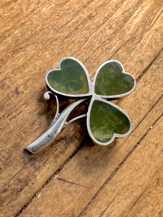 Three Leaf Shamrock Green Marble 925 Sterling Silver Brooch