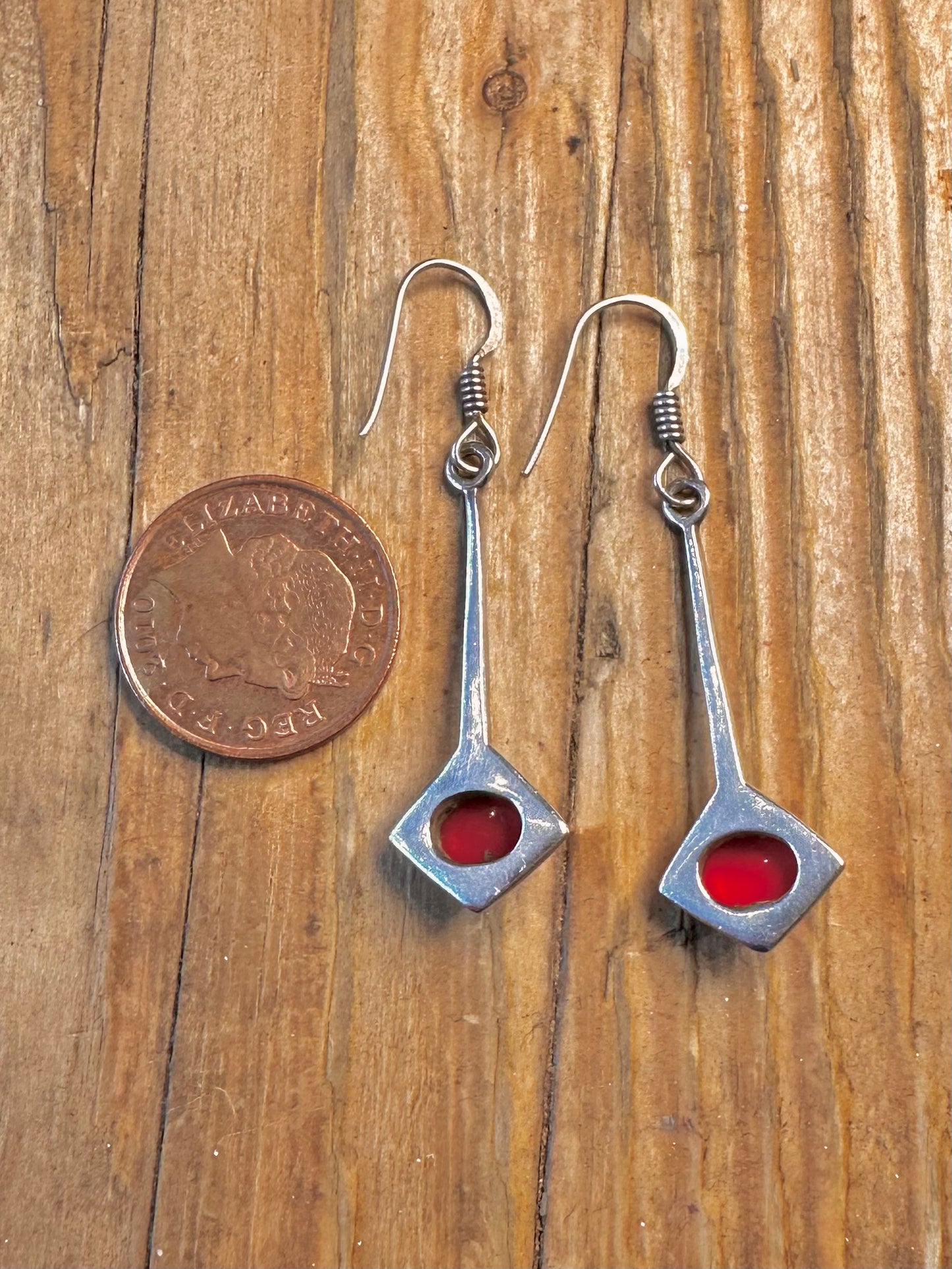 Red Oval Modernist Dangle 925 Sterling Silver Earrings