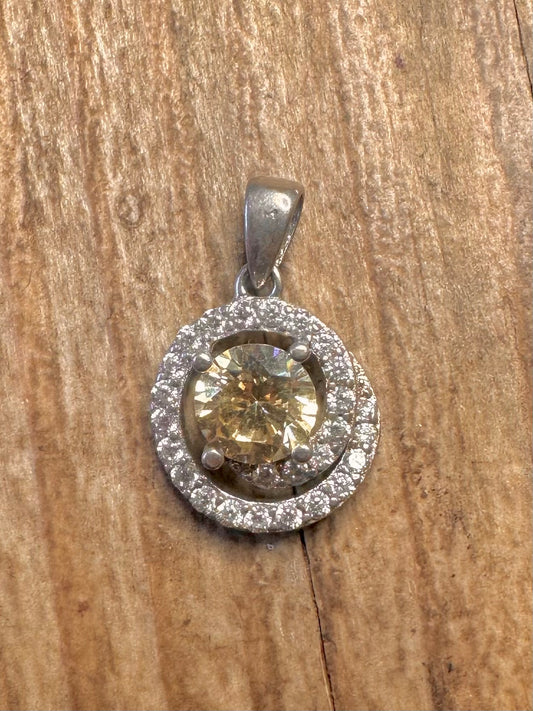 Modern Citrine and White CZ Circle 925 Sterling Silver Pendant