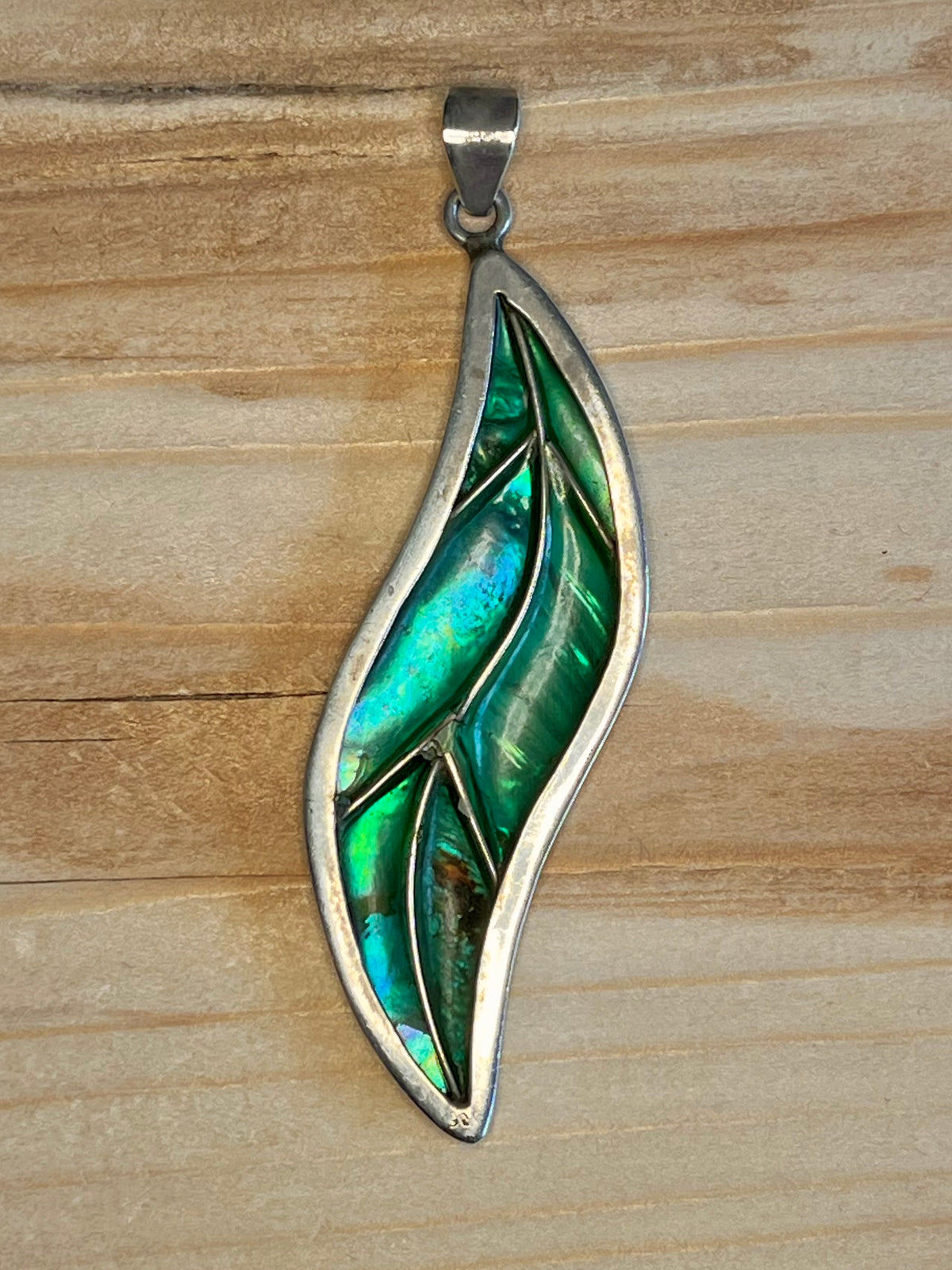 Large Leaf Shaped Abalone Shell 925 Sterling Silver Pendant