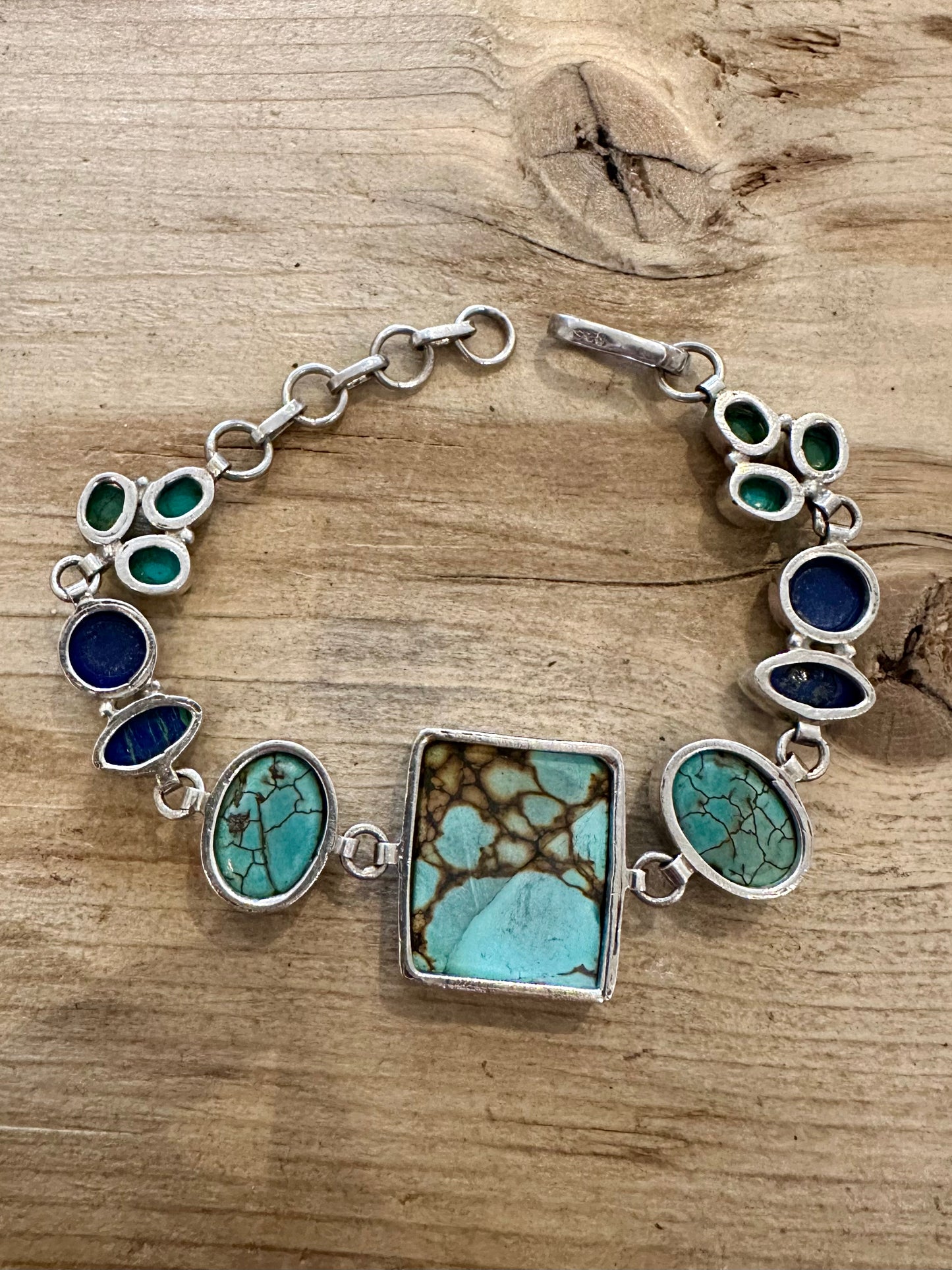 Vintage Turquoise and Azurite 925 Silver 6.5 to 7.8 inch Bracelet