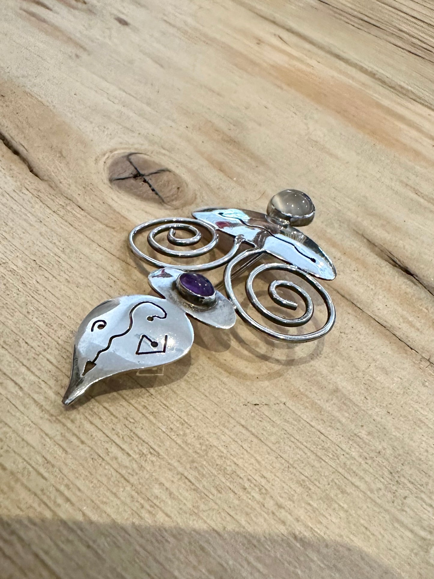 Abstract Quarts and Amethyst 925 Silver Brooch