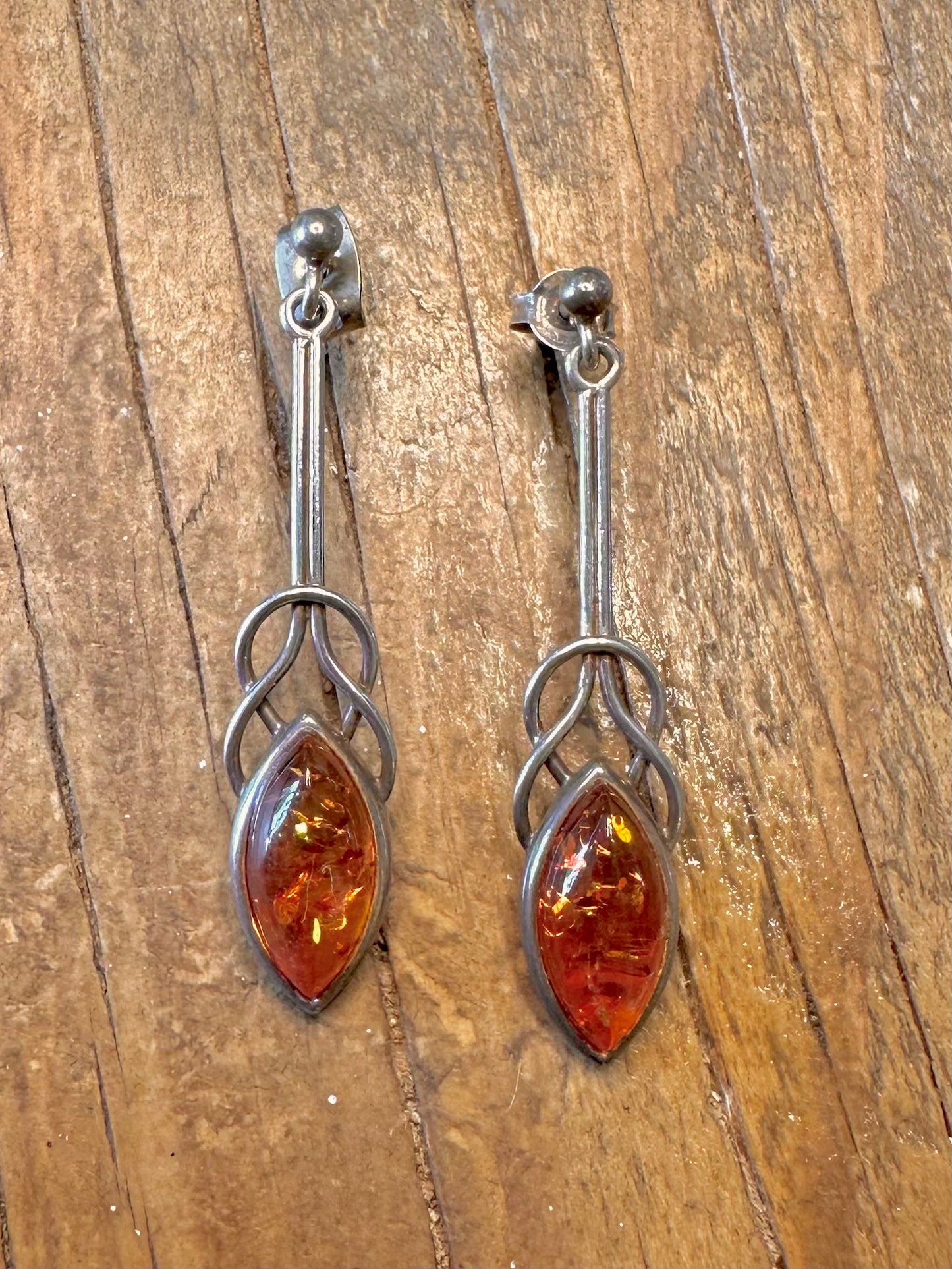 Amber Celtic Inspired Art Nouveau 925 Sterling Silver Earrings