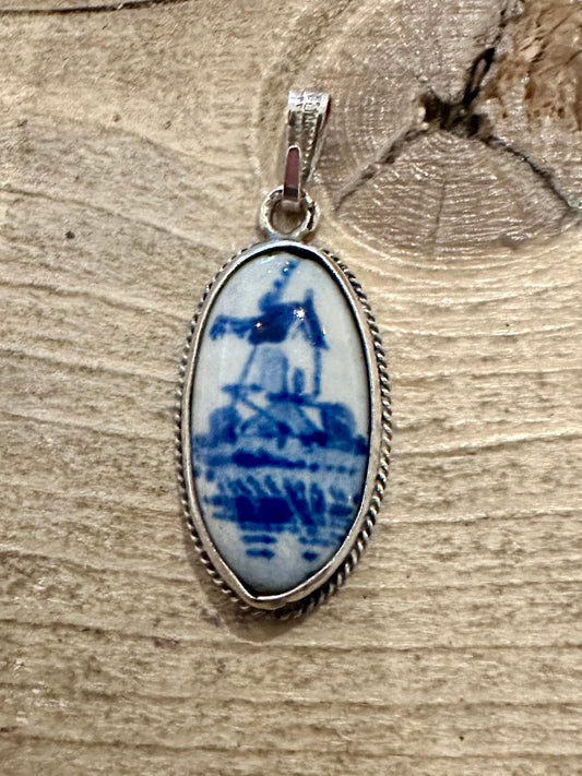 Vintage Delft Blue and White 925 Silver Pendant