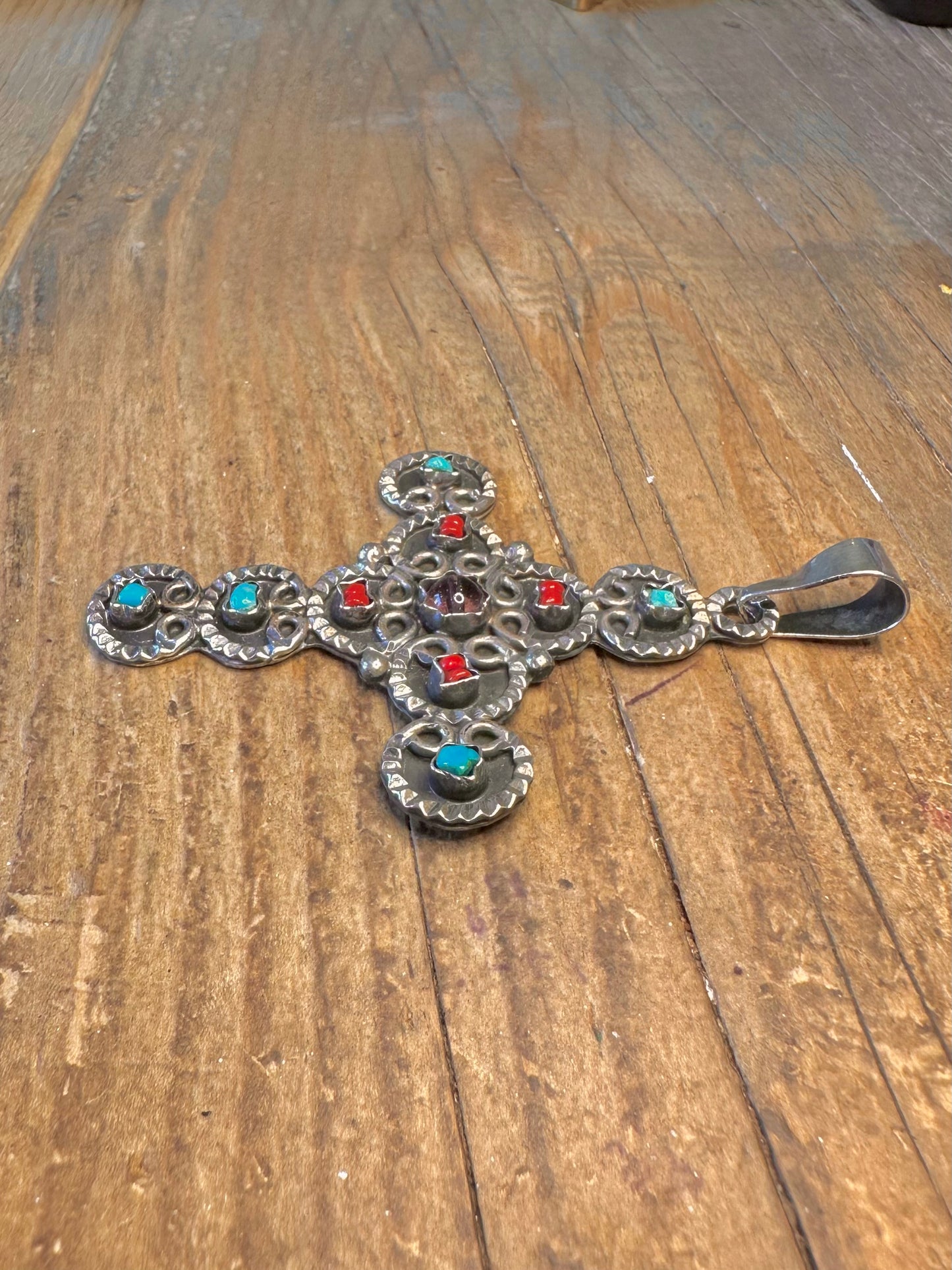 Coral Turquoise Amethyst Cross Mexican 925 Sterling Silver Pendant