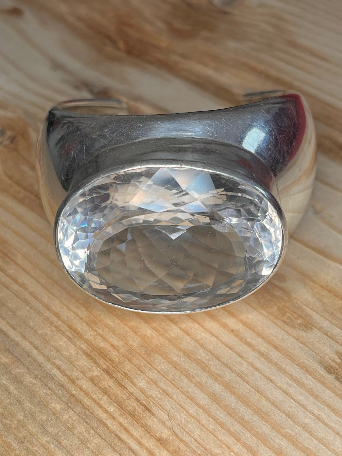 Large Oval Clear Quartz 925 Sterling Silver Bangle Bracelet