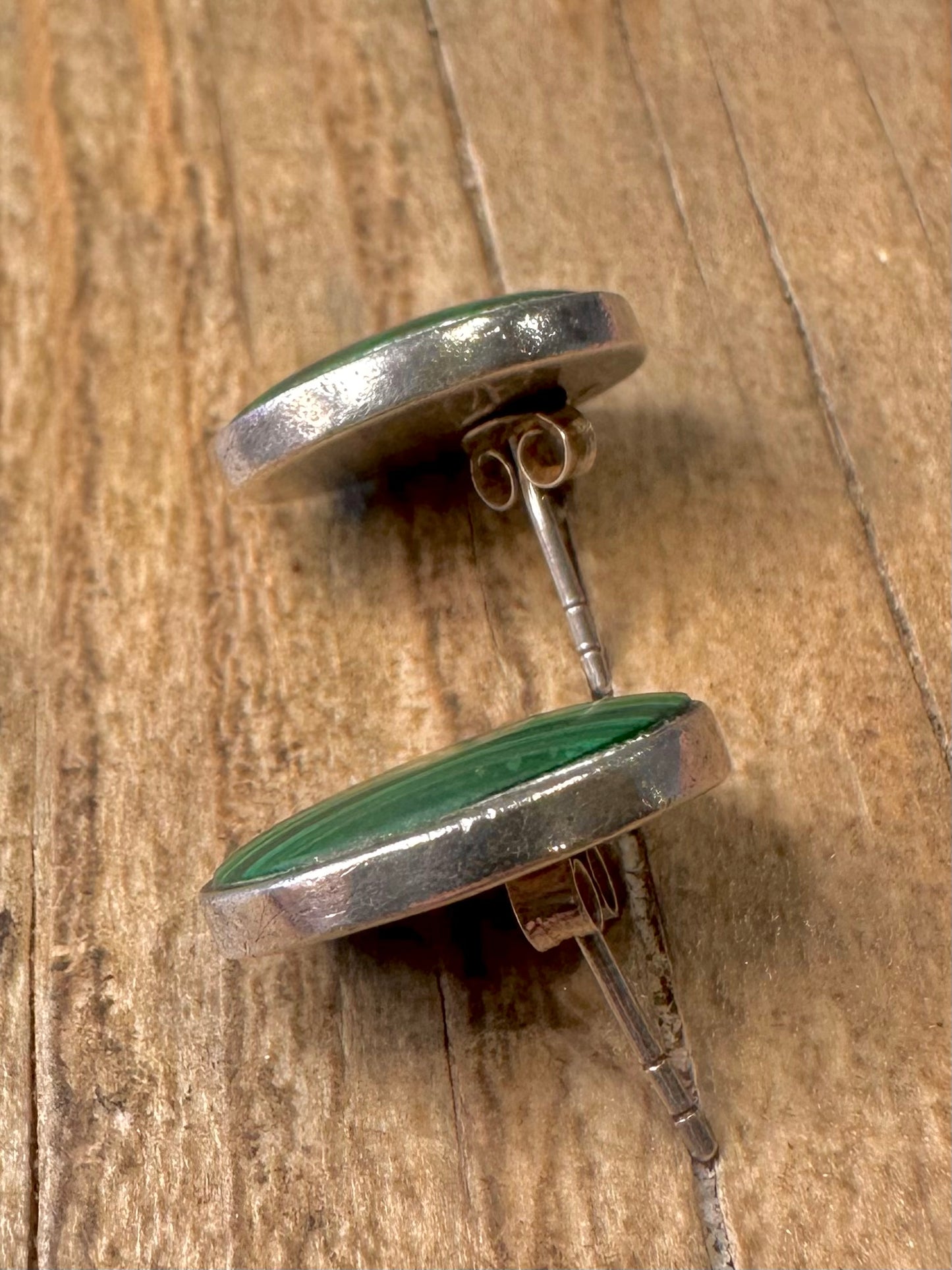 Vintage Malachite Oval Stud 925 Sterling Silver Earrings