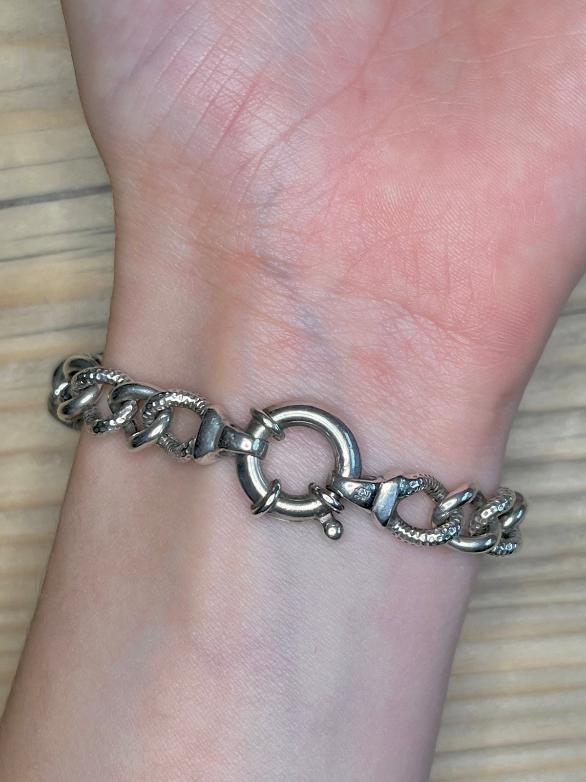 Chunky Textured Curb Link Spring Ring Clasp 925 Sterling Silver 7.5 inch Bracelet