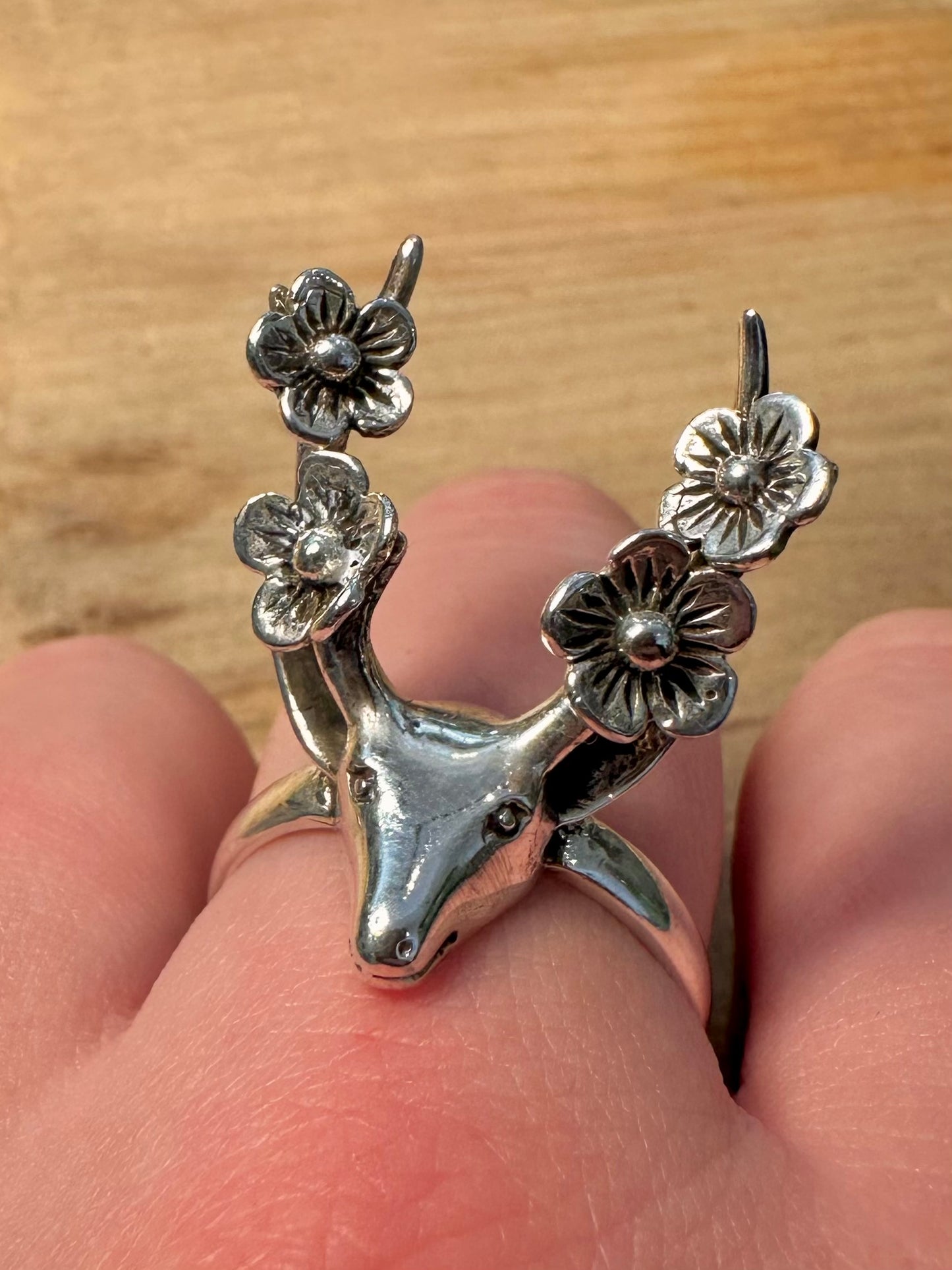 Modern Deer Flower Antlers 925 Silver Size W Ring