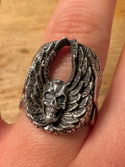 Vintage Skull Wings 925 Silver Size R Ring