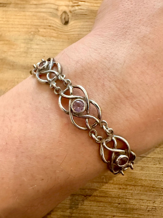 Vintage Celtic Knot Amethyst 925 Silver 7.3 inch Bracelet