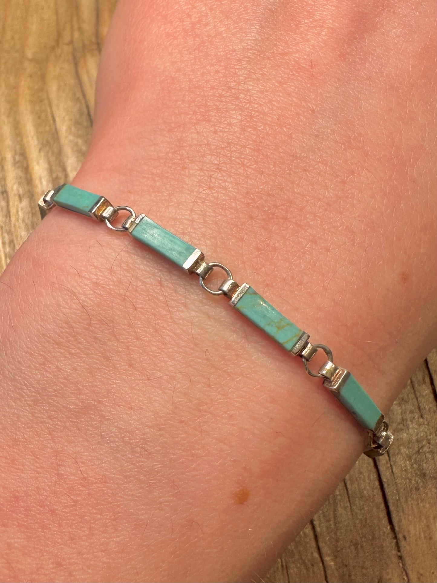 Modern Turquoise Bar Link 925 Sterling Silver 7.2 inch Bracelet