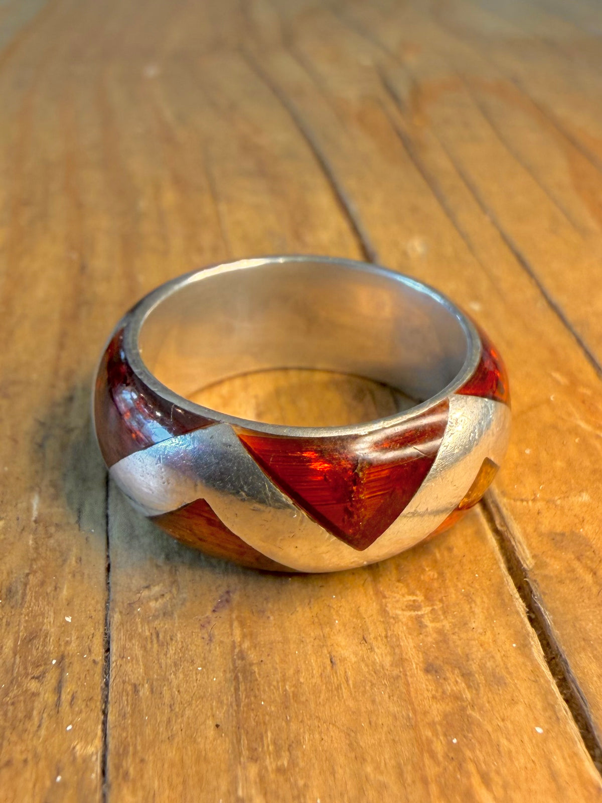 Amber Rounded Inlay Band 925 Sterling Silver Size P Ring