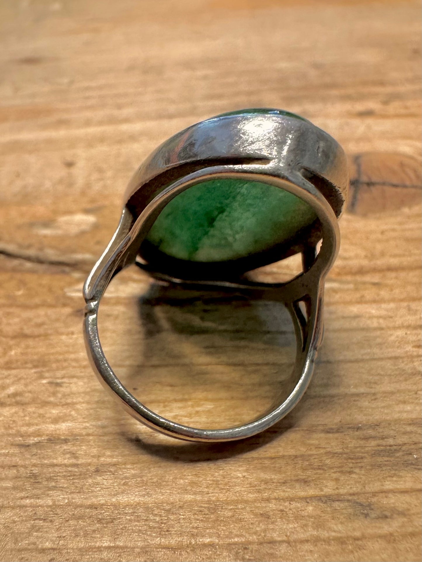 Vintage Elongated Green Stone 925 Silver Size N Ring